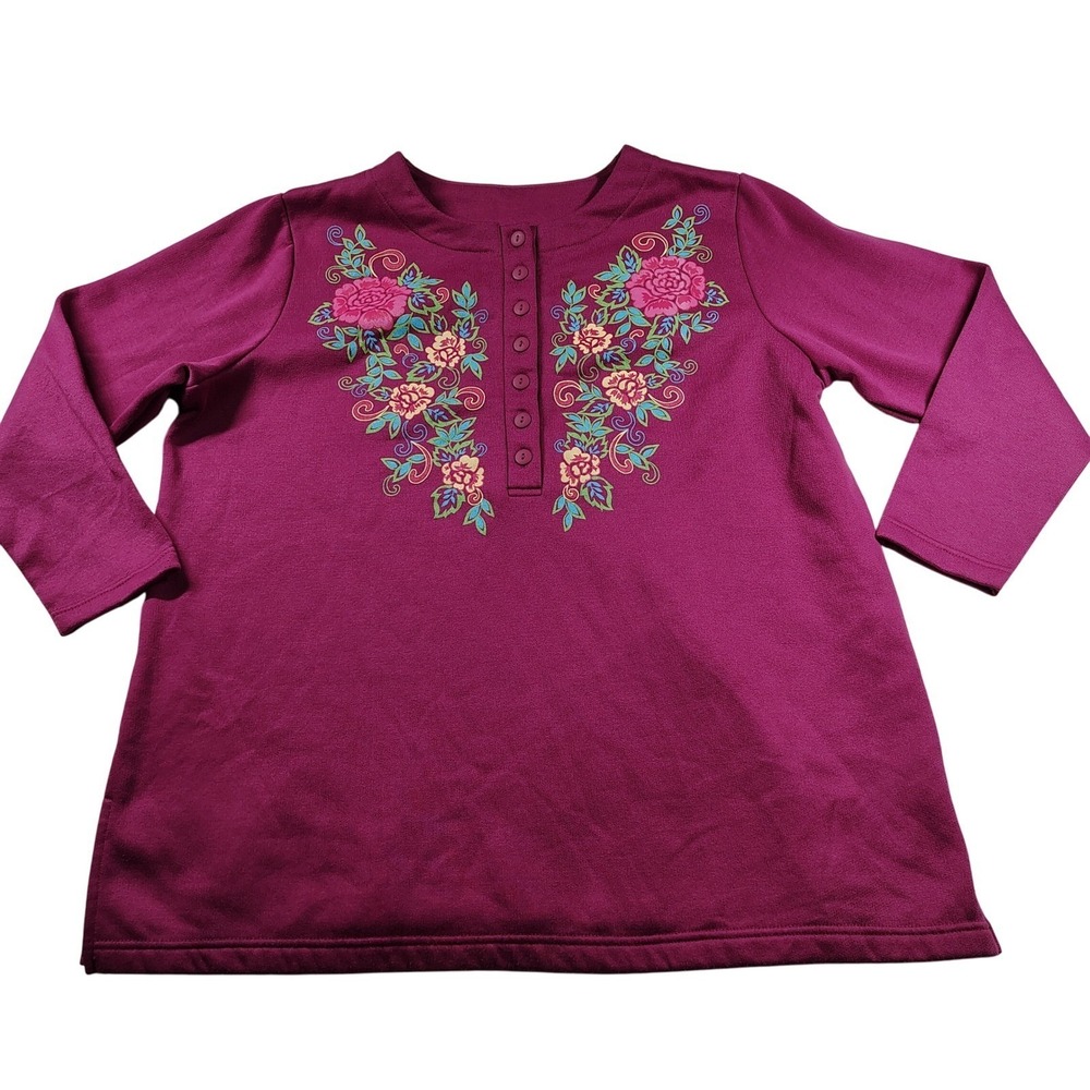 Only Necessities Womens L Magenta Floral Henley Fleece Sweatshirt Long Sleeve